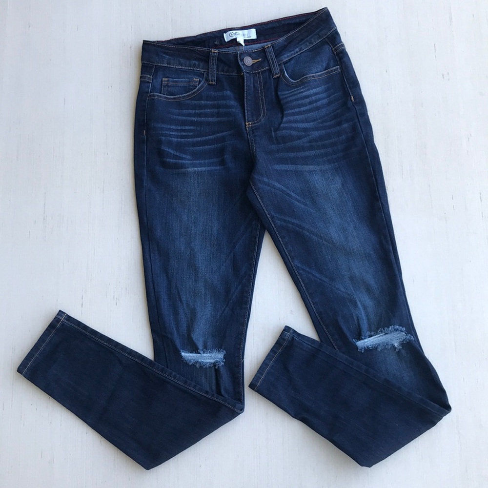 High Waist Blue Denim Distressed Holy Knee Jeans